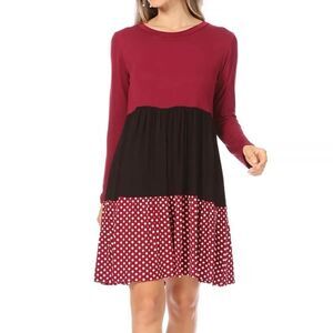 NEW! Boho Women's Babydoll Long Sleeve Ruffle Color Block Swing Dress Polka Dot